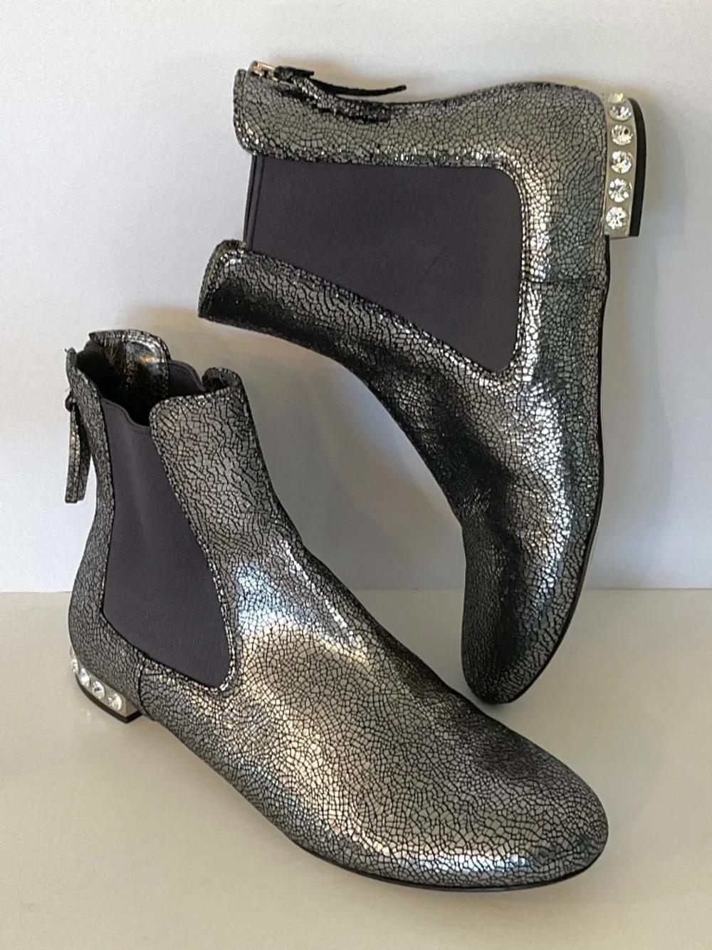 MIU MIU Crackled Silver Metallic Leather Crystal Heel Ankle Boots Sz EU 37